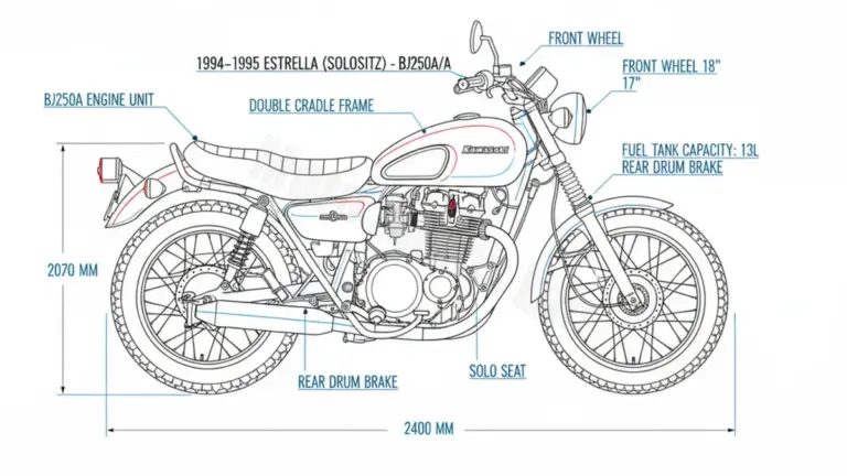 Kawasaki ESTRELLA (SOLOSITZ) – BJ250A/A (1992 – 1999) Data: Oil Capacity & Rim Specs