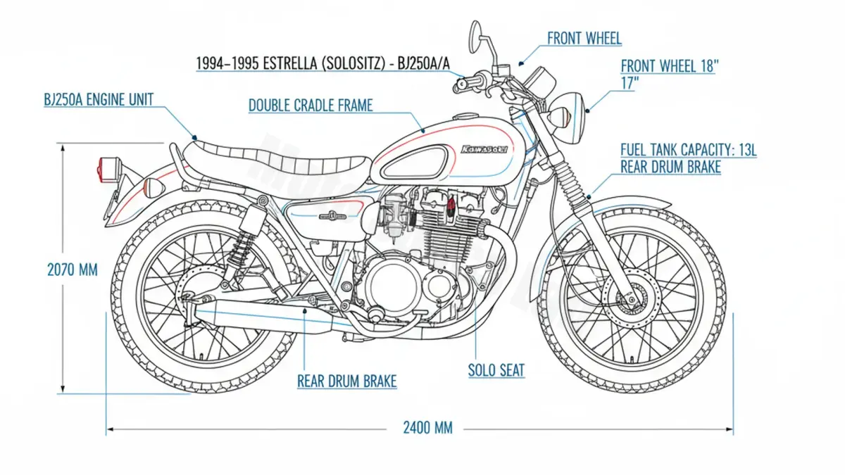 Kawasaki ESTRELLA (SOLOSITZ) - BJ250A/A (1992 – 1999) Data: Oil Capacity & Rim Specs specs