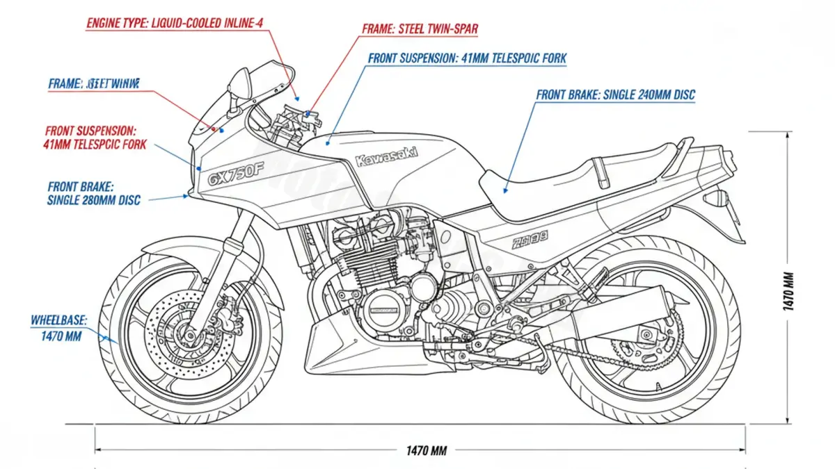 Kawasaki GPX 750 R - ZX750F Service Guide: Oil Level & Tire Specs specs