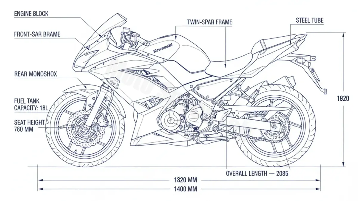 Kawasaki NINJA 250 R - EX250K (2008–2012) Data: Oil Capacity & Rim Specs