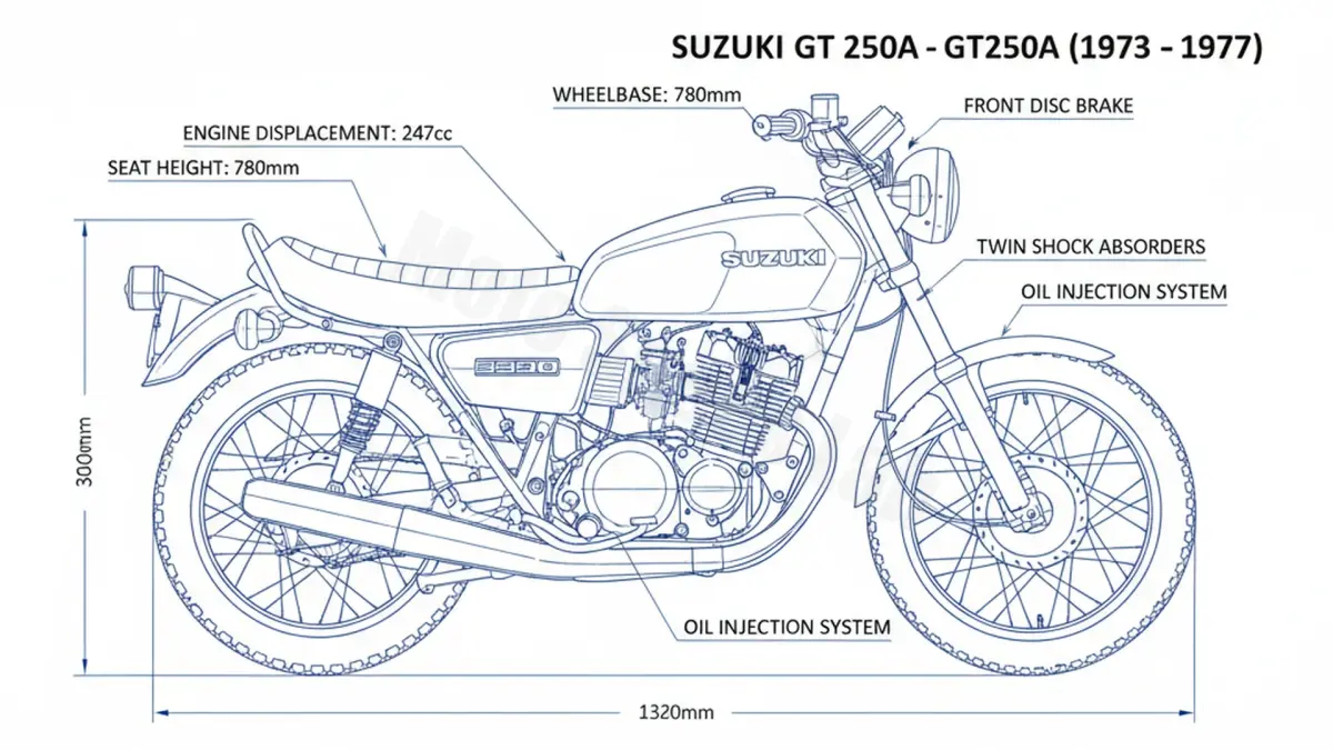 Suzuki GT 250 - GT250A (1976) Factory Oil & Tire Pressure Data specs